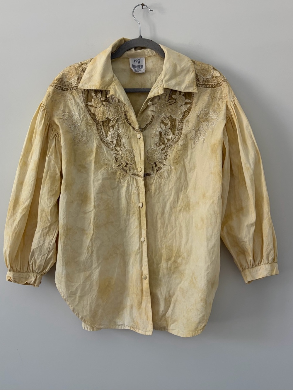 Vintage Together Yellow Beige Tie Dye Balloon Sleeve Embroidered Mesh Blouse S